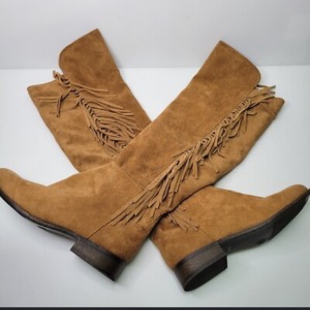 Tan Suede Knee High Fringe Boots mossimo casual classic fall 8 $60 boho